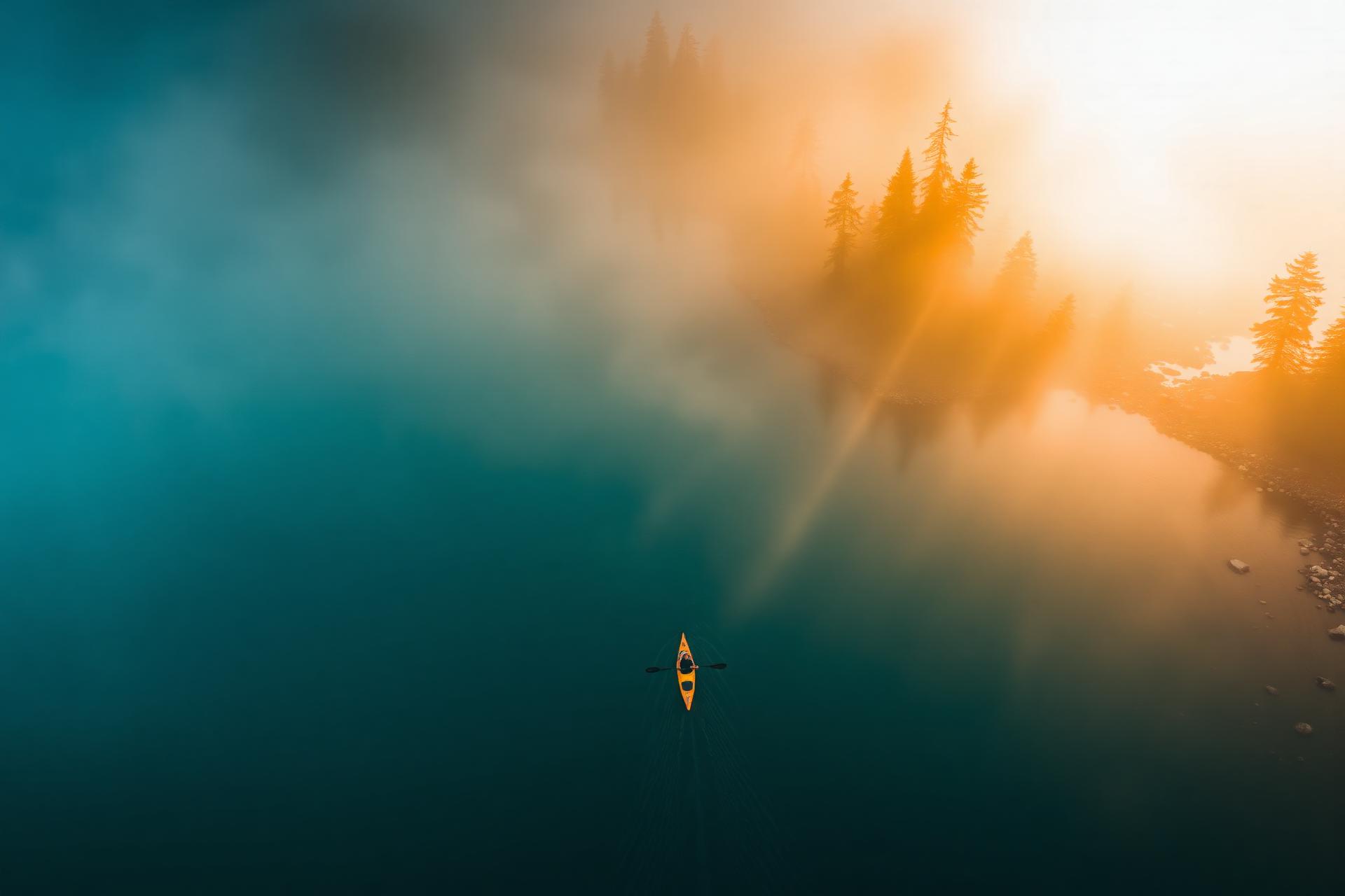 Lone kayaker on misty mountain lake at sunrise
